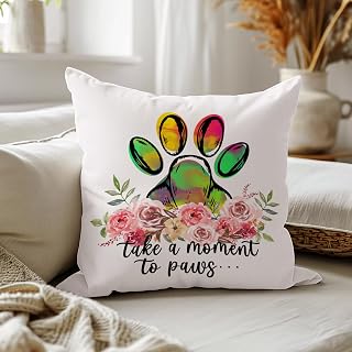 Dog Lover Gift Pillowcase 18x18, Dog Gifts for Women, Take A Moment to Paws Floral Paw Print Throw Pillow Cover Pillowcase for Sofa/Bedroom/Home