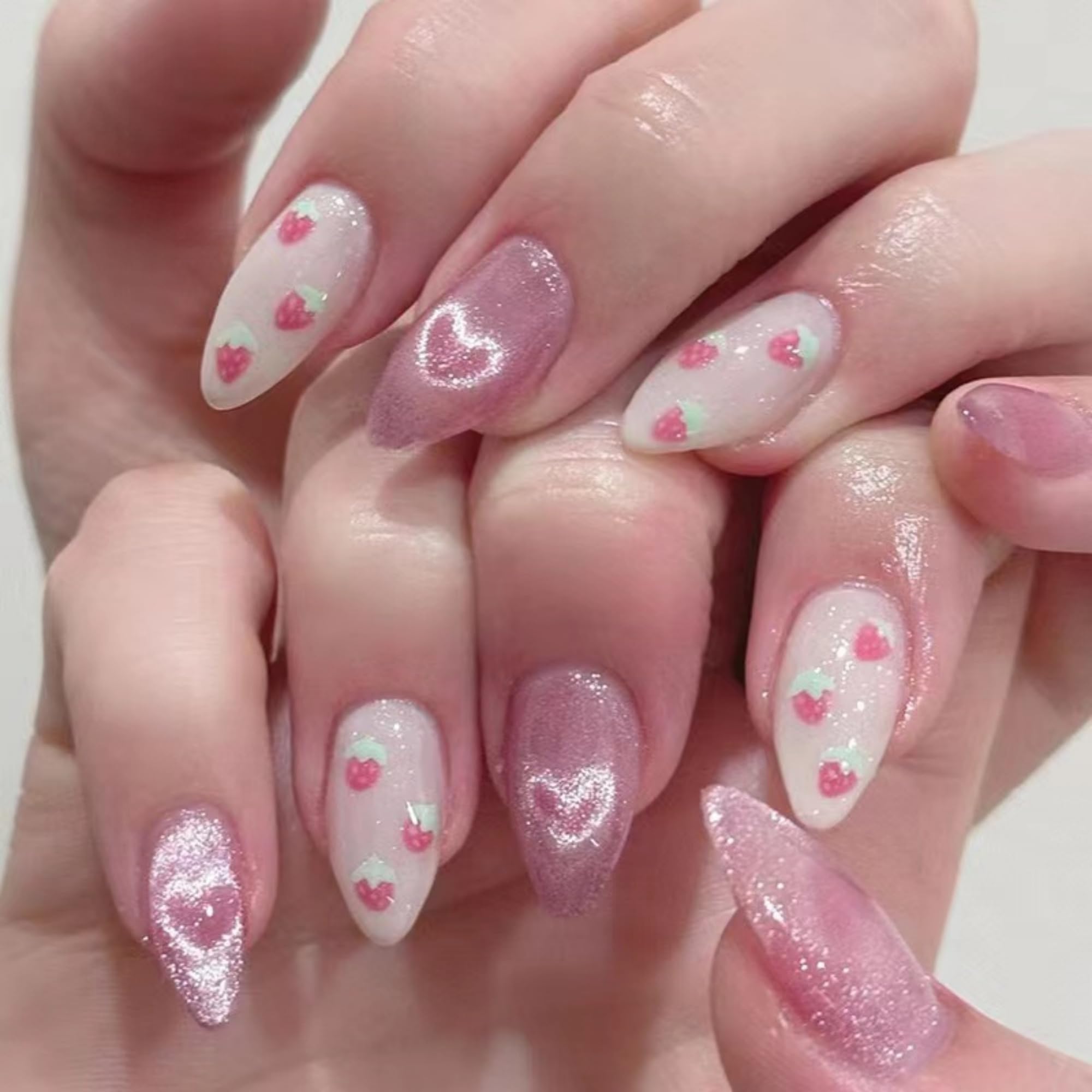 24pcs French Tip Stick Nail Cat Eye Press Cute Strawberry Love Heart Pattern Fak