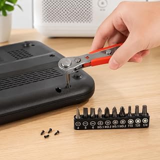 Right Angle Screwdriver Set with 10 Bits, Mini Ratchet Screwdriver for Tight Spaces, Low Profile Offset Wrench, Small Pocket Magnetic Ratchet Repair Tool Kit, Red