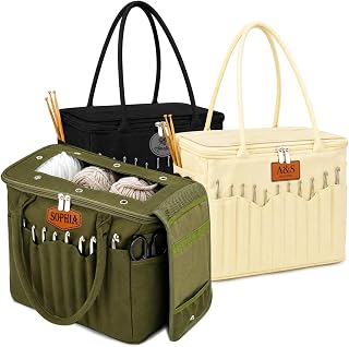DYOART Personalized Knitting Bag with Name Leather Patch, Yarn Storage Bag | Large Canvas Yarn Bag Organizer with Needle Pockets & Grommets, Knitting Project Bags for Yarn & Accessories, Crochet Gifts