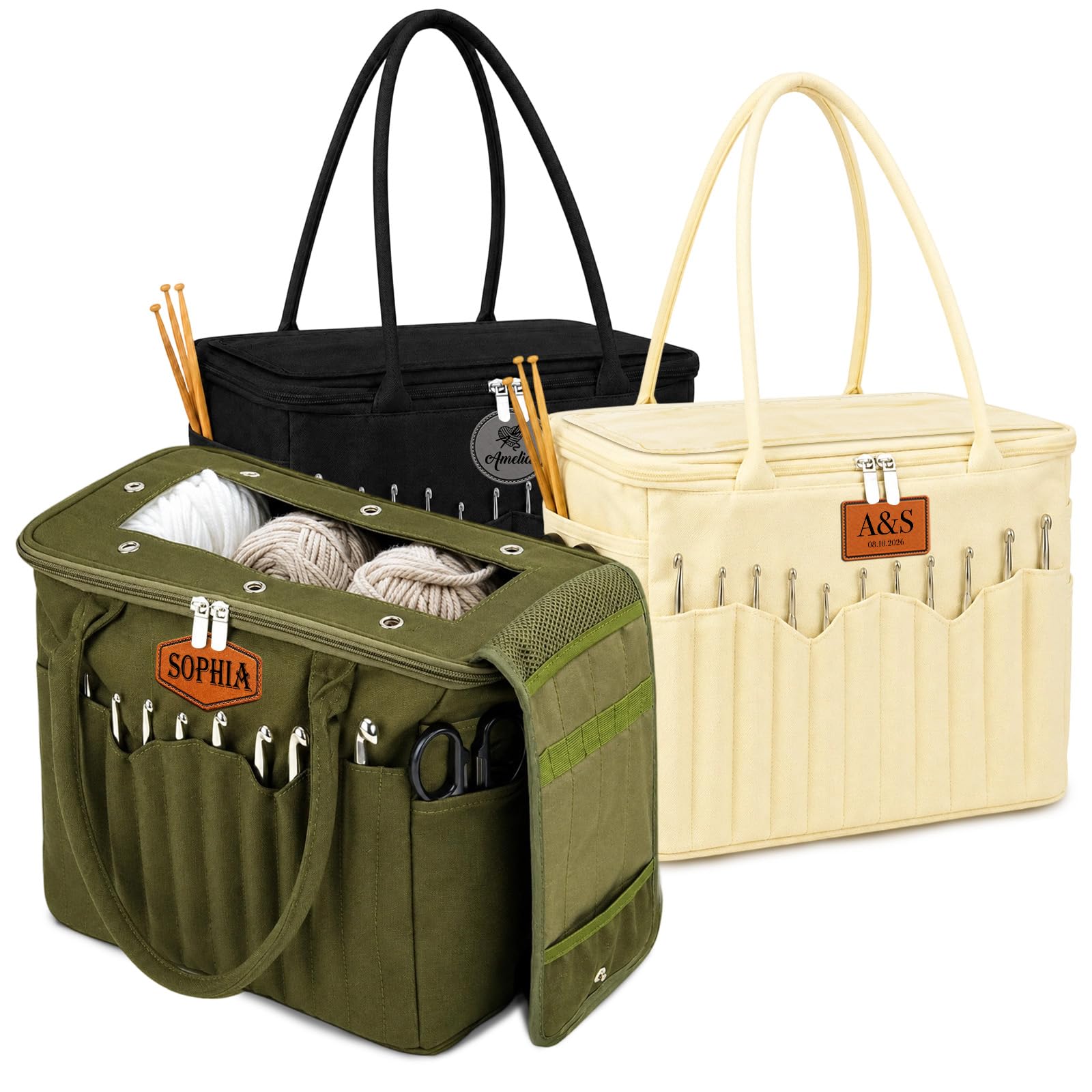 DYOART Personalized Knitting Bag with Name Leather Patch, Yarn Storage Bag | Lar