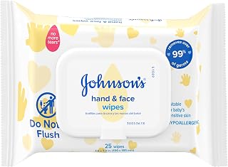 Johnson's Baby Disposable Hand &amp; Face Cleansing Wipes, 25 ct | Pre-Moistened Wipes Gently Remove 99% of Germs &amp; Dirt from Delicate Skin, No Added Parabens &amp; Alcohol, Hypoallergenic