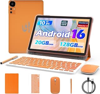 CUPEISI Android 16 Tablet 10 Inch, 20GB RAM+128GB ROM/2TB Expandable, 2.0GHz Octa-core Processor, 1280*800 HD Screen, 5G WiFi6 BT5.0, 2 in 1 Tablets with Keyboard Case Mouse Stylus, Widevine L1 Orange