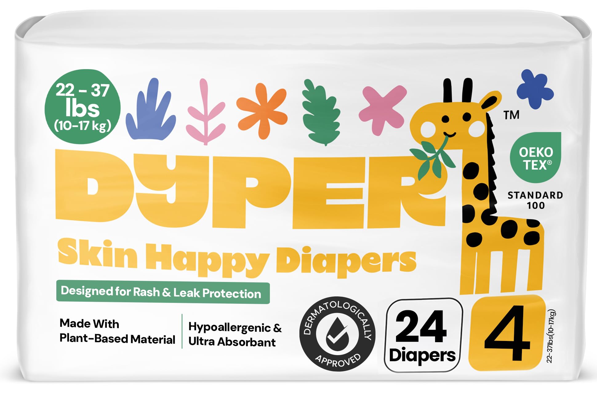 DYPER Baby Diapers Size 4 (22-37lbs) 24 Count Plant-Based, Day & Night | Premium