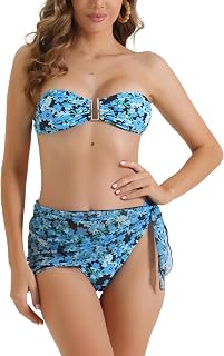 Women Floral Print Bandeau Bikini Set 3 Piece Tie Back Swimsuit Triangle Bottom Swimsuit