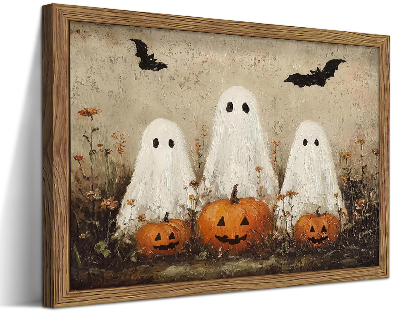 Framed Rustic Halloween Ghost Wall Art - Vintage Farmhouse Ghosts Pumpkins and B