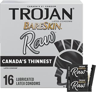 TROJAN BareSkin Raw Thin Lubricated Latex Condoms, 16 Ct | Canada's thinnest latex condom, silky smooth lubricant, natural feel & enhanced sensation