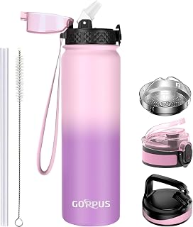 GOPPUS 1L/32oz Stainless Water Bottle with Straw Double Wall Insulated Bottles with Strap Reusable Vacuum Thermal Flask Leakproof Keep Cold Drinks Bottles with Flip Top Lid BPA Free (Pink Purple)
