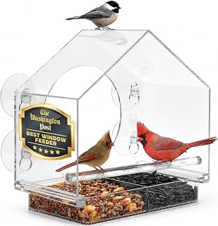 Window Bird Feeder with Strong Suction Cups, Bird Feeders for Outdoors | Clear window bird feeder, works as a balcony bird feeder too, no mess sliding seed tray, weatherproof acrylic, easy to clean
