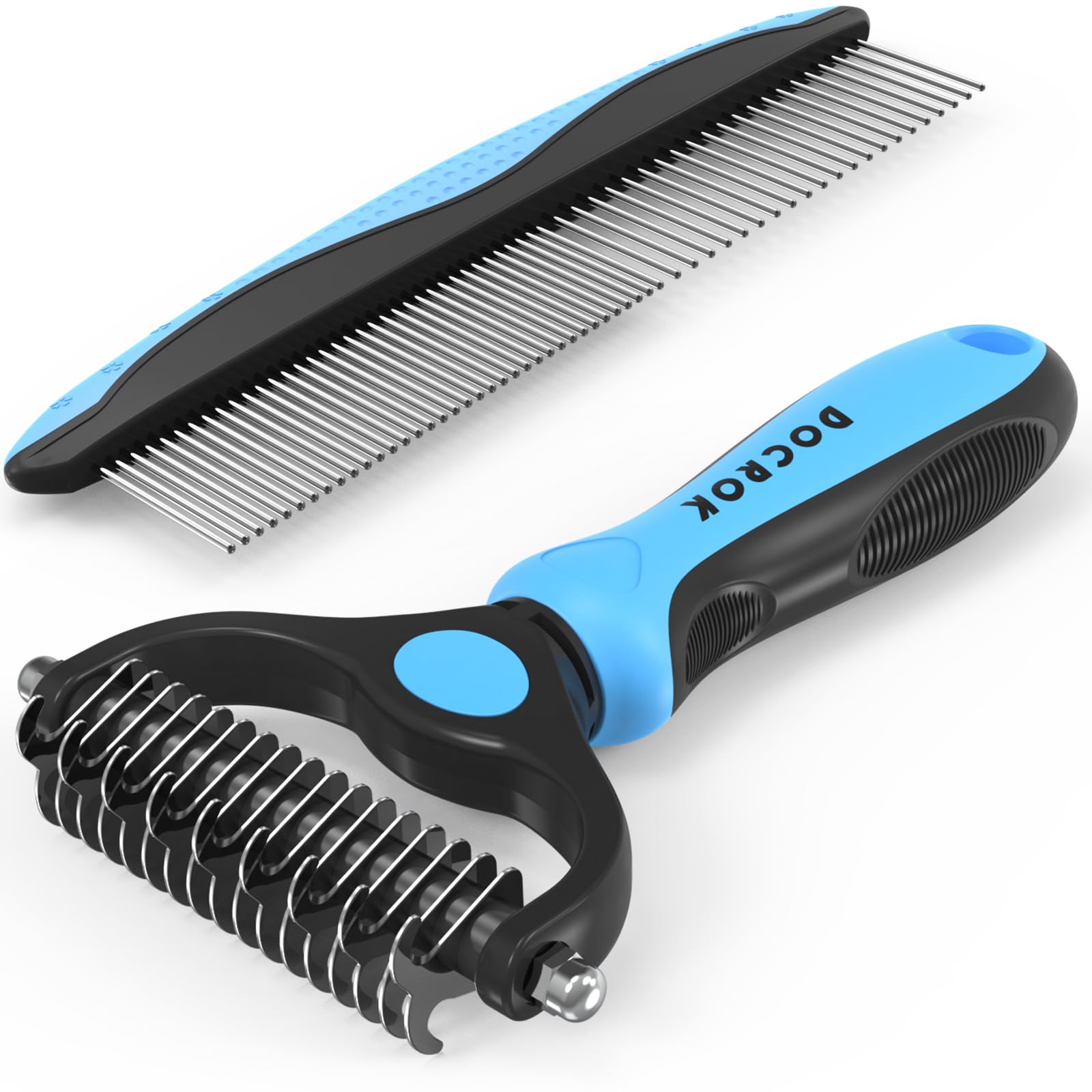 Docrok Pet Grooming Combo - Blue Deshedding Brush with Metal Comb for Detangling
