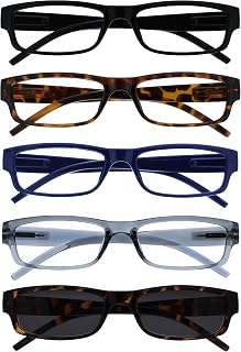 OPULIZE ACE Reading Glasses for Women Men, Lightweight Comfortable Narrow Rectangular Frame with Spring Hinges, Scratch Resistant, Black, Brown,Blue,Grey/Brown Sun +1 (Pack of 5)