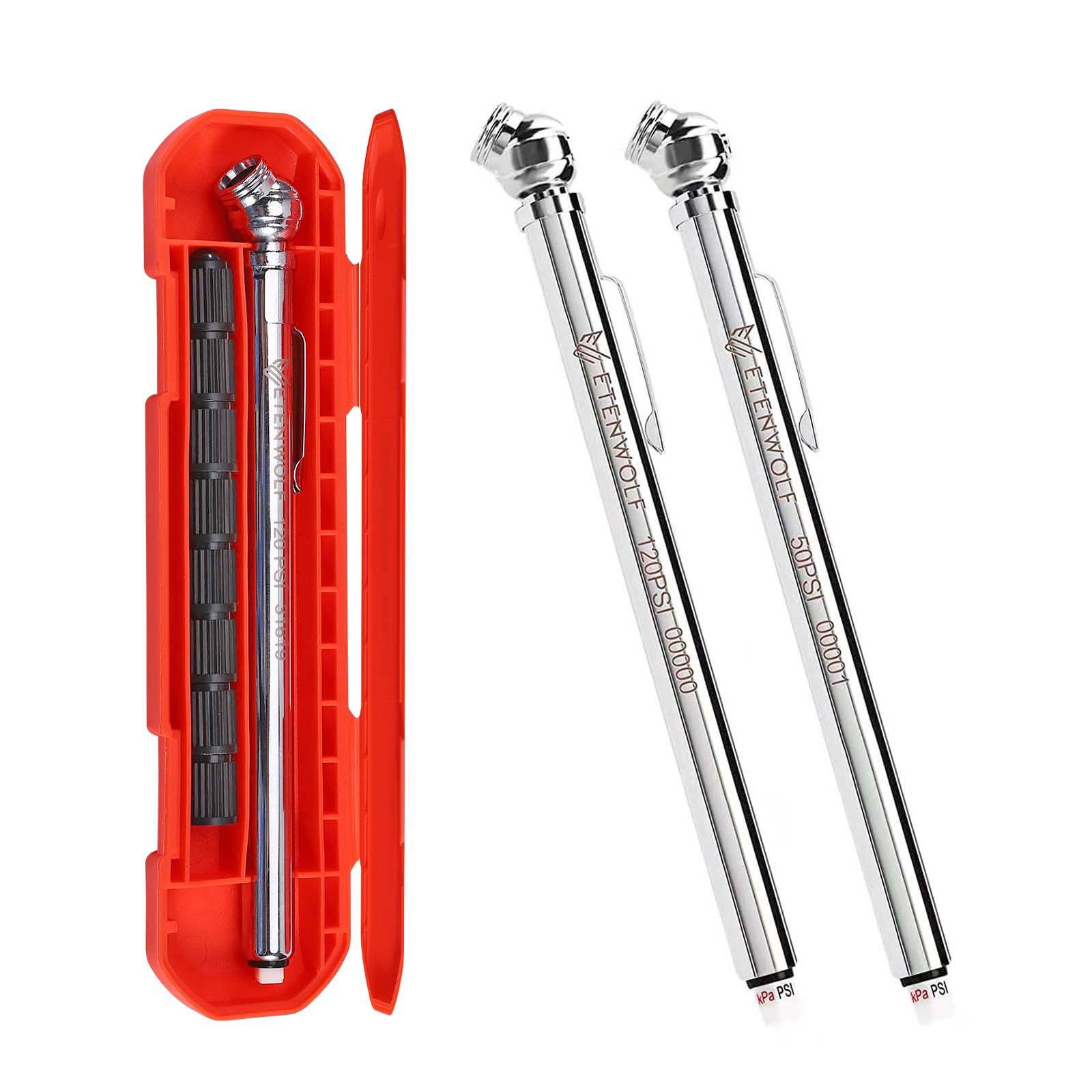 ETENWOLF Pencil Tire Pressure Gauge 2 Pack (10-50PSI, 20-120PSI) | with 16 Tire 