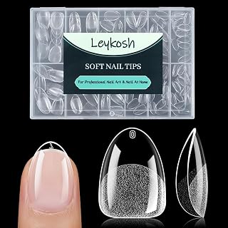 LEYKOSH Extra Short Almond Nail Tips, 216pcs Full Cover Soft Gel, 12 Sizes | 70-grit pre-sanded matte clear tips save filing time, with full-cover soft gel fit for DIY extensions and salon manicures.