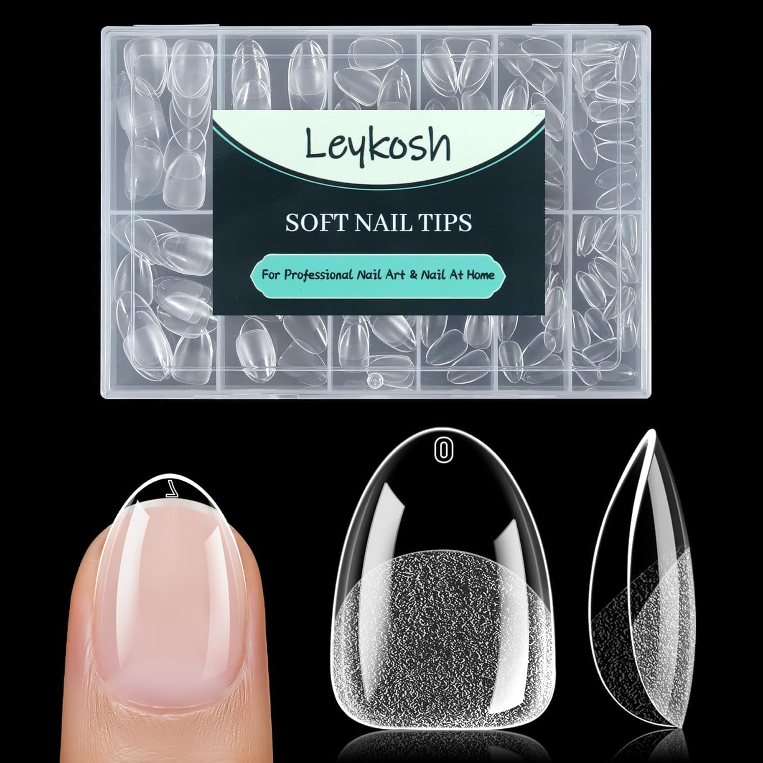 LEYKOSH Extra Short Almond Nail Tips, 216pcs Full Cover Soft Gel, 12 Sizes | 70-