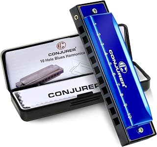 CONJURER 10 Hole C Key Diatonic Blues Harmonica, Metal Mouth Organ Blue | Brass Reed with Hard Storage Case, Harmonica for Beginners, Adults & Amateur Gifts, Fits Blues Folk Rock Playing