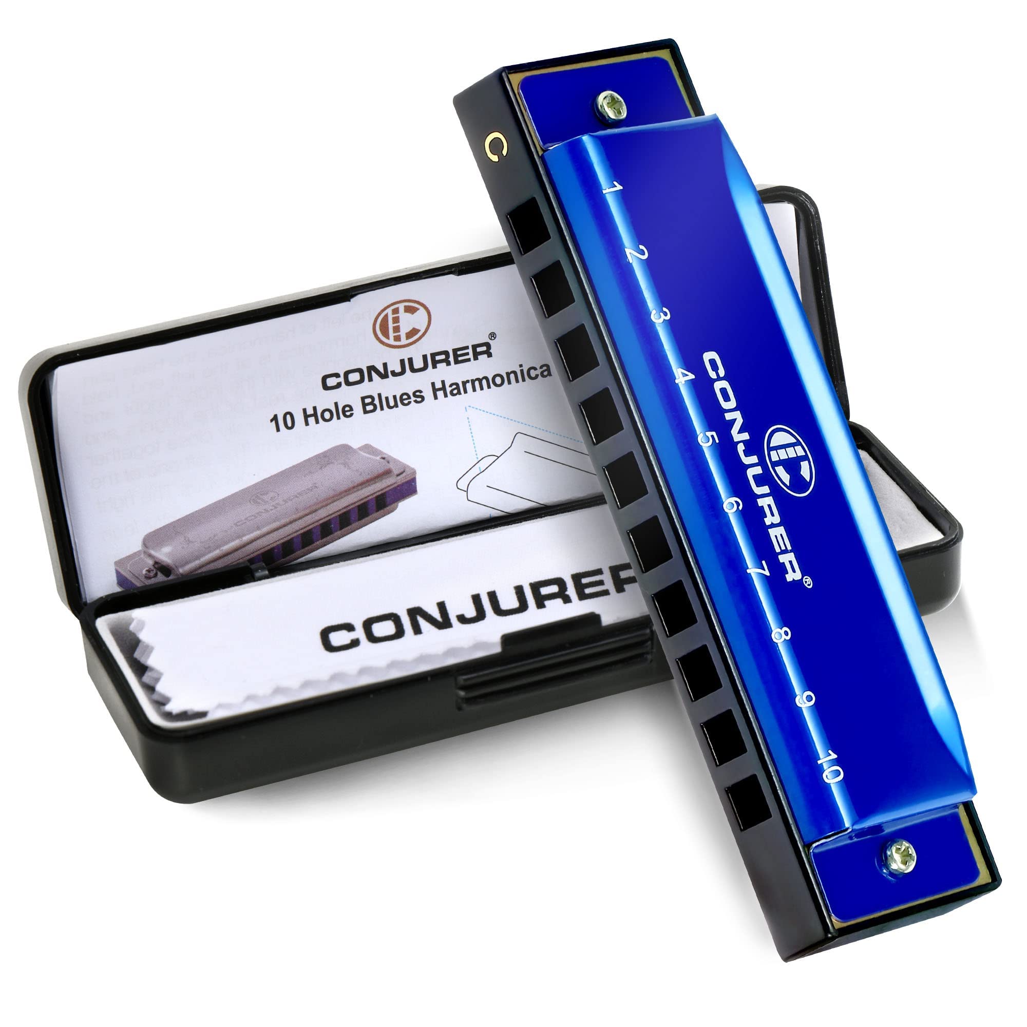 CONJURER 10 Hole C Key Diatonic Blues Harmonica, Metal Mouth Organ Blue | Brass 