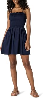 Amazon Essentials Women's Regular-Fit Cotton Sateen Smocked Bodice Midi Dress with Removable Straps, A-line Ruffle