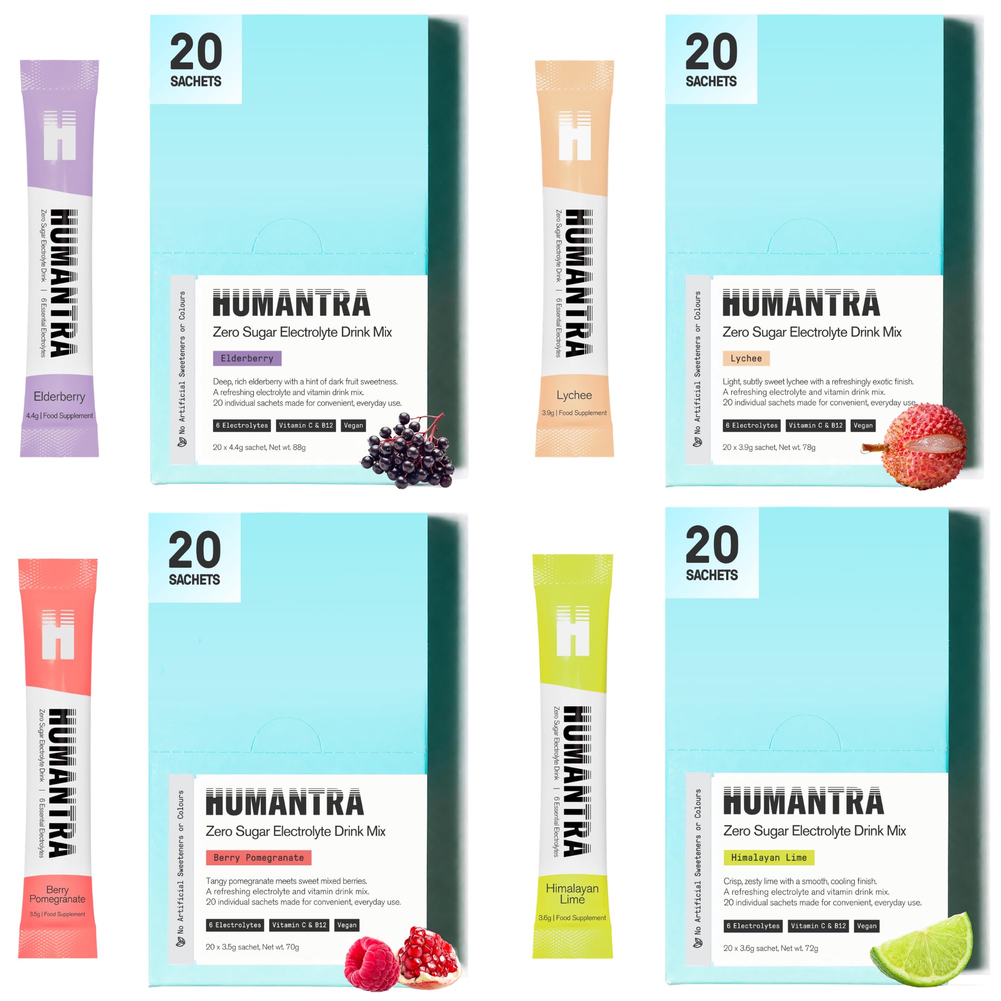 Humantra Electrolytes Powder Hydration Sachets - All Flavor 4 Pack, 80ct