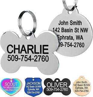 GoTags Stainless Steel Pet ID Tags, Personalized Dog Tags and Cat Tags | up to 8 Lines of Custom Text, Engraved on Both Sides, in Bone, Round, Heart, Bowtie and More (Dog Bone, Regular (Pack of 1))