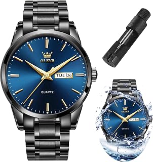 OLEVS - Orologi da uomo in acciaio INOX impermeabile, alla moda, casual, con luce di facile lettura, data e giorno, analogico, al quarzo (blu intenso, nero/oro/bianco) round Cinturino nero con quadrante blu profondo