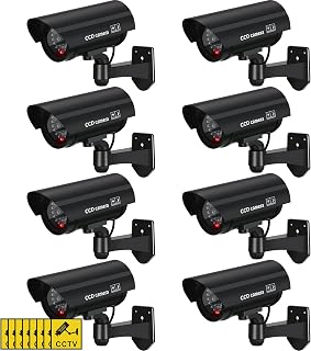 Macarrie 8 Pack Dummy Security Cameras with Flashing LED for Outdoor Indoor | Fake Surveillance Camera, Imitation Security Camera for Home Garage Store & Warehouse, Realistic Appearance, Warning Stickers