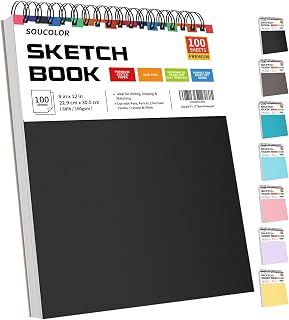 Soucolor Sketch Book 9" x 12", 100 Sheets Kids Art Sketchbook Drawing Pad | 68lb Acid-Free, Fine-Texture Paper, Top Spiral for Lay-Flat, Gift for Teens Girls Boys Beginners Adults, School Art Supplies