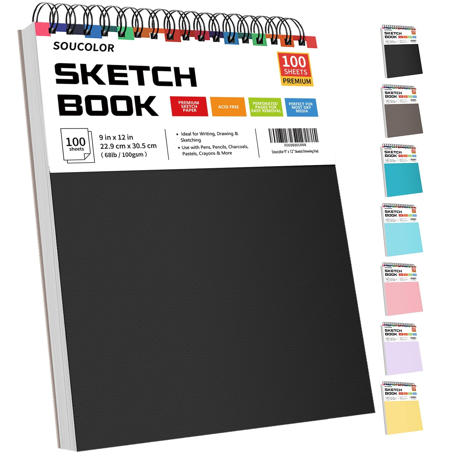 Soucolor Sketch Book 9" x 12", 100 Sheets Kids Art Sketchbook Drawing Pad | 68lb