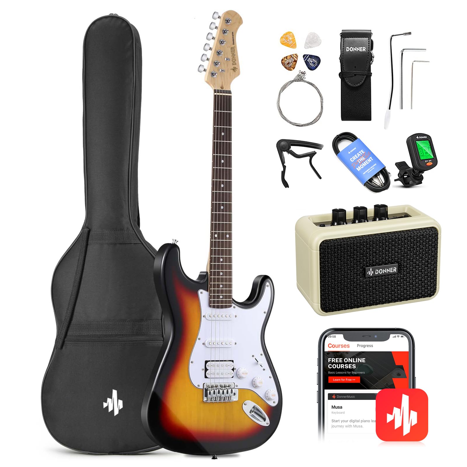 Donner DST-100S 39 Inch Full Size Electric Guitar Kit | Solid Body Sunburst, Beg
