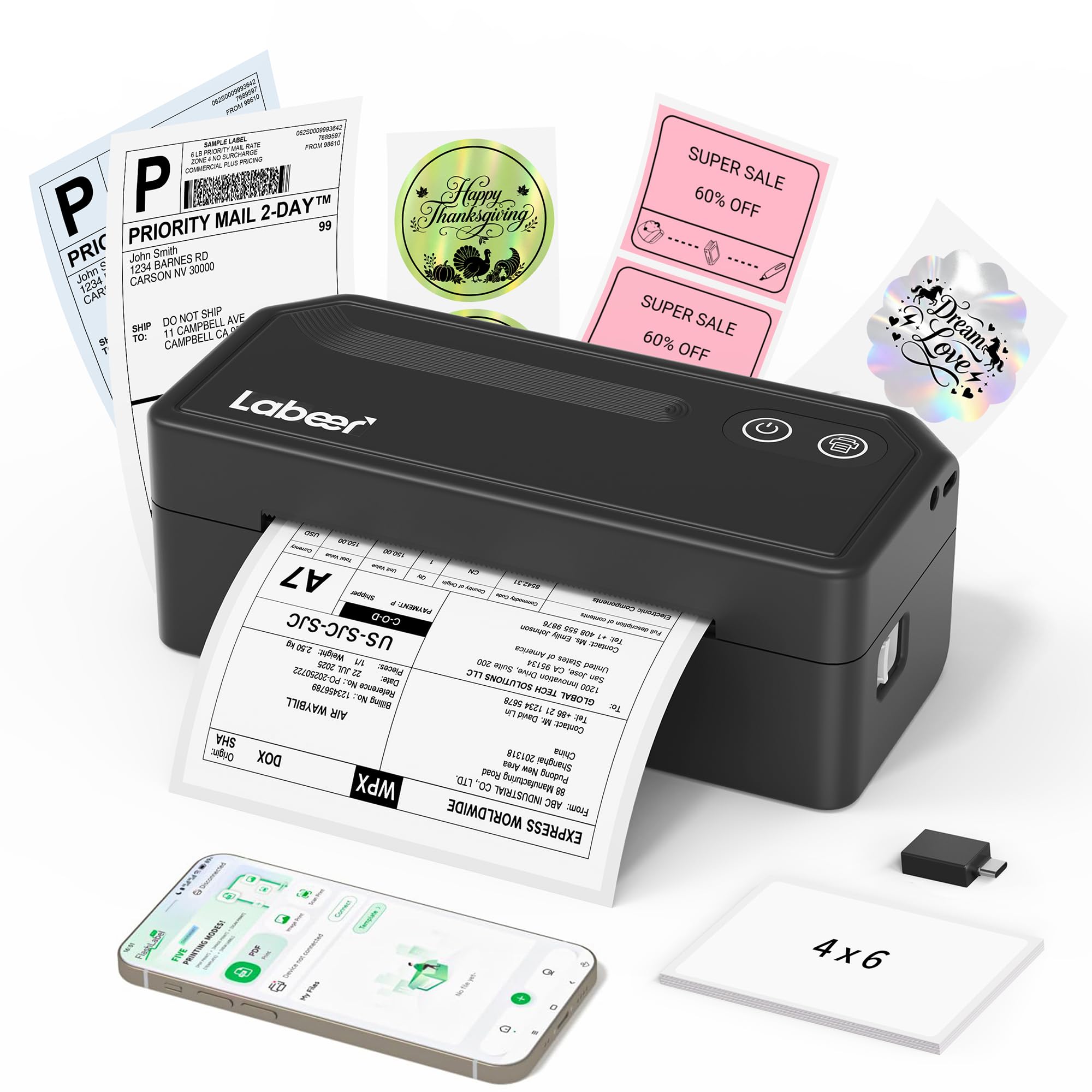 Labeer Bluetooth Thermal Shipping Label Printer, Wireless 4x6 Label Printer | Fo