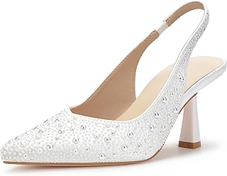 Women’s Wedding Shoes for Bride, 2.5 Inch Kitten Heels, Slingback Pumps, Rhinestone and Embroidered Bridal Heels, Elegant Dress Shoes for Evening and Parties