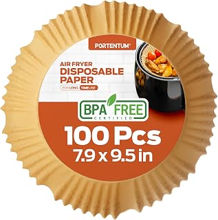 PORTENTUM Air Fryer Liners 100PCS Disposable, Unbleached and Greaseproof. Suitable from 5 to 8 liters. Food-Grade use Baking Paper, FDA, and
