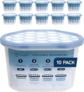 CUQOO Disposable Dehumidifier 500ml | Moisture Absorber Pack of 10 | MULTI-ROOM USE: bedroom · kitchen · bathroom · garage · closet · mould prevention · condensation