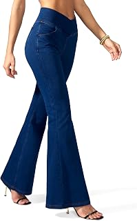 Rammus Women Flared Jeans Crossover High Waist Bell Bottom Fashion Yoga Pants Stretch Flared Leggings with Pockets