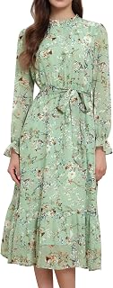 Allegra K Robe décontractée à motif floral pour femmes 2025 - Manches longues - Col rond - En mousseline de soie - Robe midi à volants pour le thé