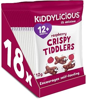 Kiddylicious Raspberry Crispy Tiddlers - Delicious Real Fruit Treat for Kids - Suitable for 12+ Months - 18 Packs