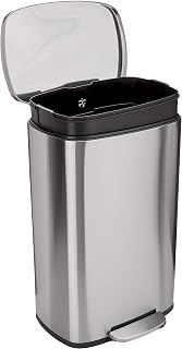 Amazon Basics LARGE Trash Can, 13.2 Gallon (50L), Smudge Resistant Rectangular Bin with Soft-Close Lid, Step Foot Pedal, Removable Inner Bucket, Brushed Stainless Steel, Satin Nickel Finish