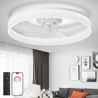 DLLT Modern Ceiling Fans with Lights: 20" Full Package Low Profile Ceiling Fan with APP Remote Control - White Flush Mount LED Bladeless Fandelier Dimmable Quiet DC Motor for Bedroom Living Room