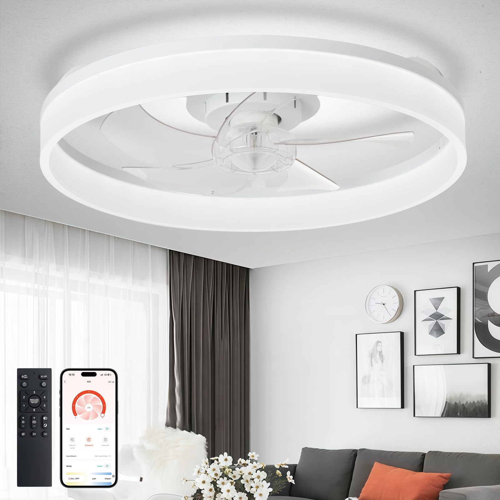 DLLT Modern Ceiling Fans with Lights: 20" Full Package Low Profile Ceiling Fan w