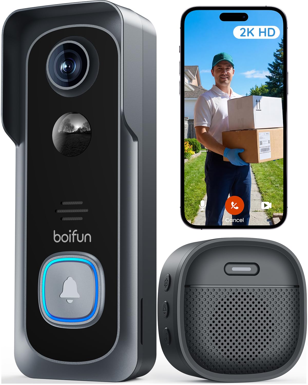 BOIFUN Video Doorbell Camera Wireless – No Subscription Required, 2K HD | 166° W