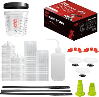 Disposable Paint Cups for Spray Gun,Mixing Cups 20 Ounce (600ml) Kit with 25 Cups and Lids with Strainer System for HVLP&amp;LVLP,1 Hard Cup with Retainer Ring,10 Plugs,2 Adapters,3 Mixing Sticks