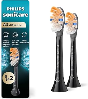 Philips Sonicare A3 All-in-One Brush Heads, 2-Pack, 6 Month Supply, Black | 2000% More Plaque Removal¹, 100% Whiter Teeth², BrushSync Reminder, Up To 62,000 Bristle Movements Per Min, HX9092/95