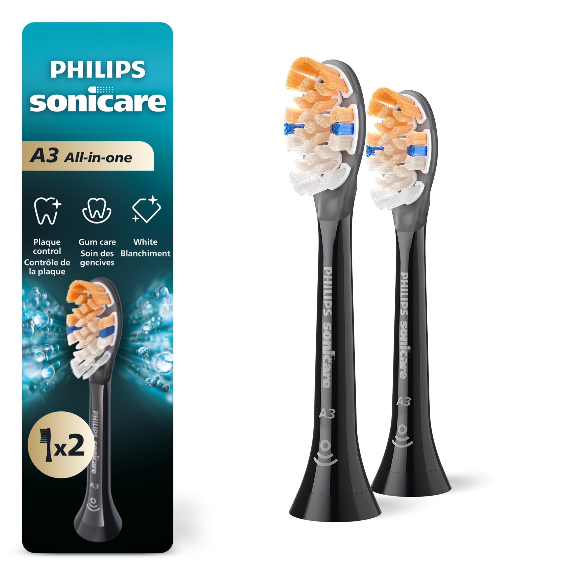 Philips Sonicare A3 All-in-One Brush Heads, 2-Pack, 6 Month Supply, Black | 2000