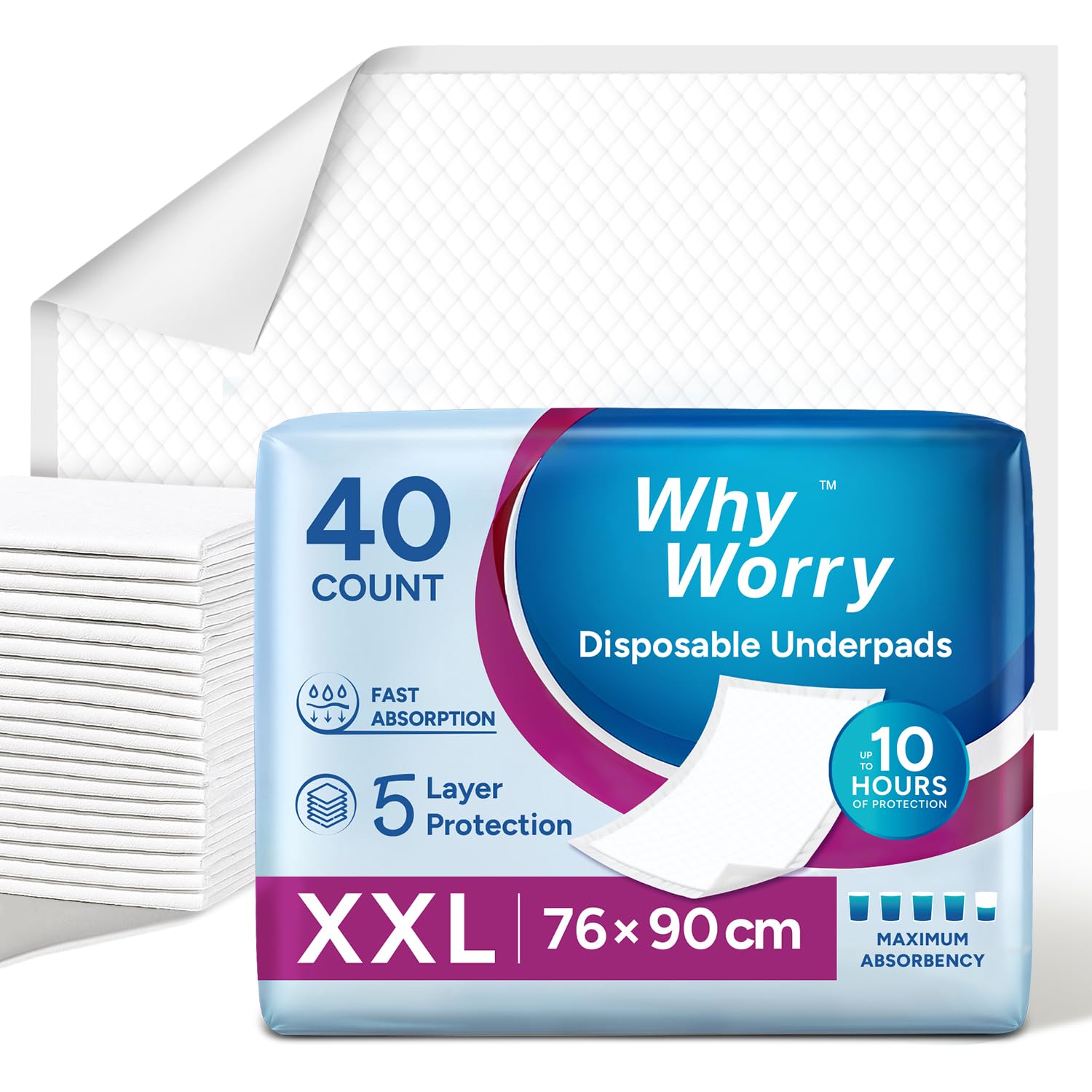 WhyWorry Disposable Incontinence Bed Pads for Adults, 76 x 90 cm, 80 Count