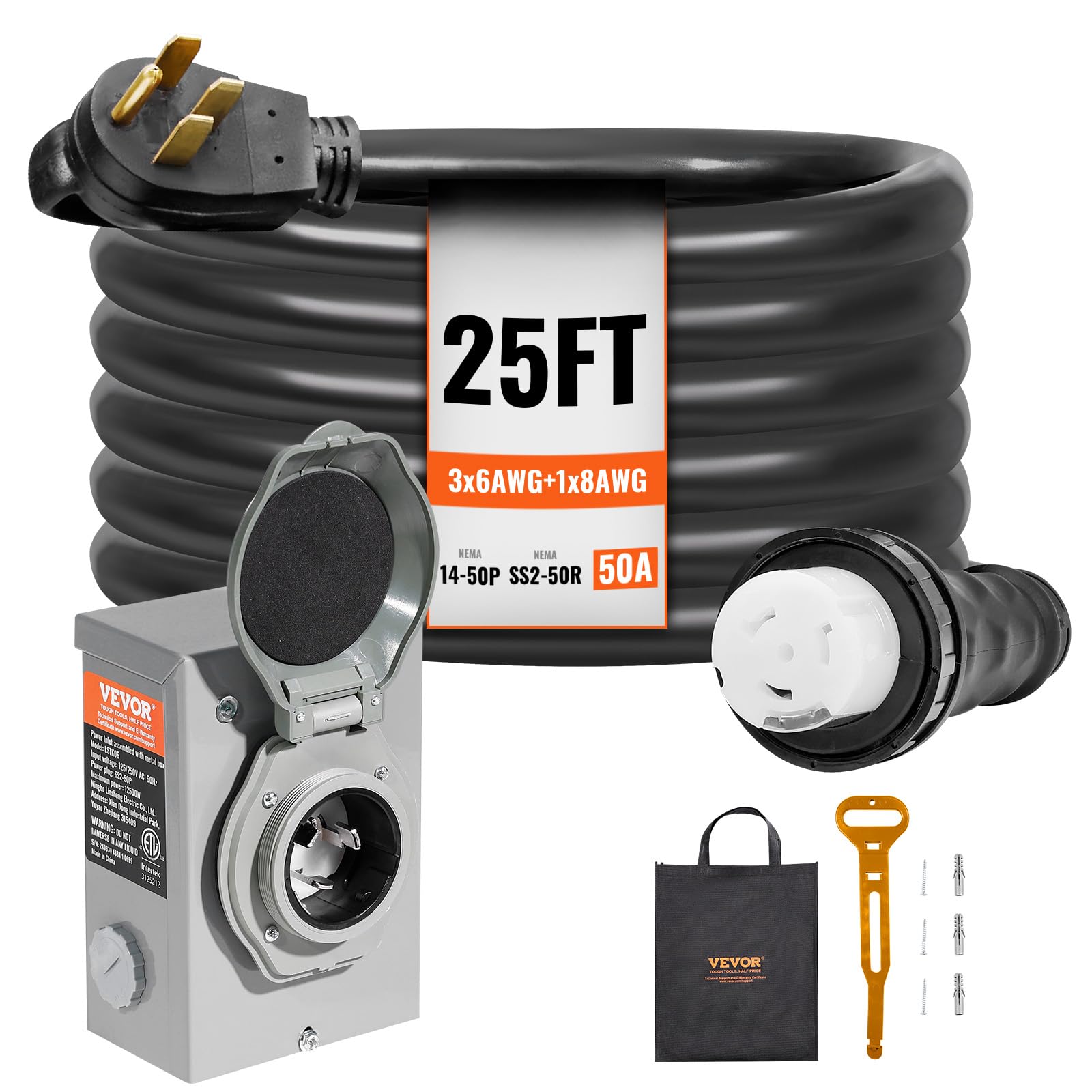VEVOR 50 Amp Generator Cord and Power Inlet Box Kit, 25FT Generator Extension Co
