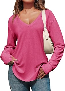 Tankaneo Maglietta da donna con scollo a V profondo, a maniche lunghe, oversize, casual, vestibilità larga, orlo curvo
