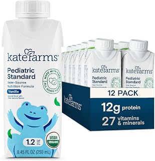 KATE FARMS Pediatric 1.2 High Calorie Shake, Vanilla, 12 Pack | Organic pediatric nutrition shake with 12g protein plus 27 vitamins and minerals.