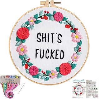 Louise Maelys Funny Embroidery Kit for Beginners, Cross Stitch for Adults Flower Wreath Needlepoint Art Work for Starters Including Instruction and Threads