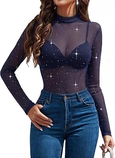 Avidlove メッシュ トップ レディース 長袖 ラインストーン シアー シャツ スパークル シースルー ブラウス クラブウェア XS-XXL