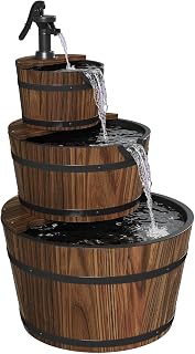 Aoxun 3-Tier Outdoor Water Fountain | Wood Barrel Cascading with Electric Decorative Hand Pump, Rustic Waterfall Fountain for Garden, Backyard, Patio, Porch, Yard