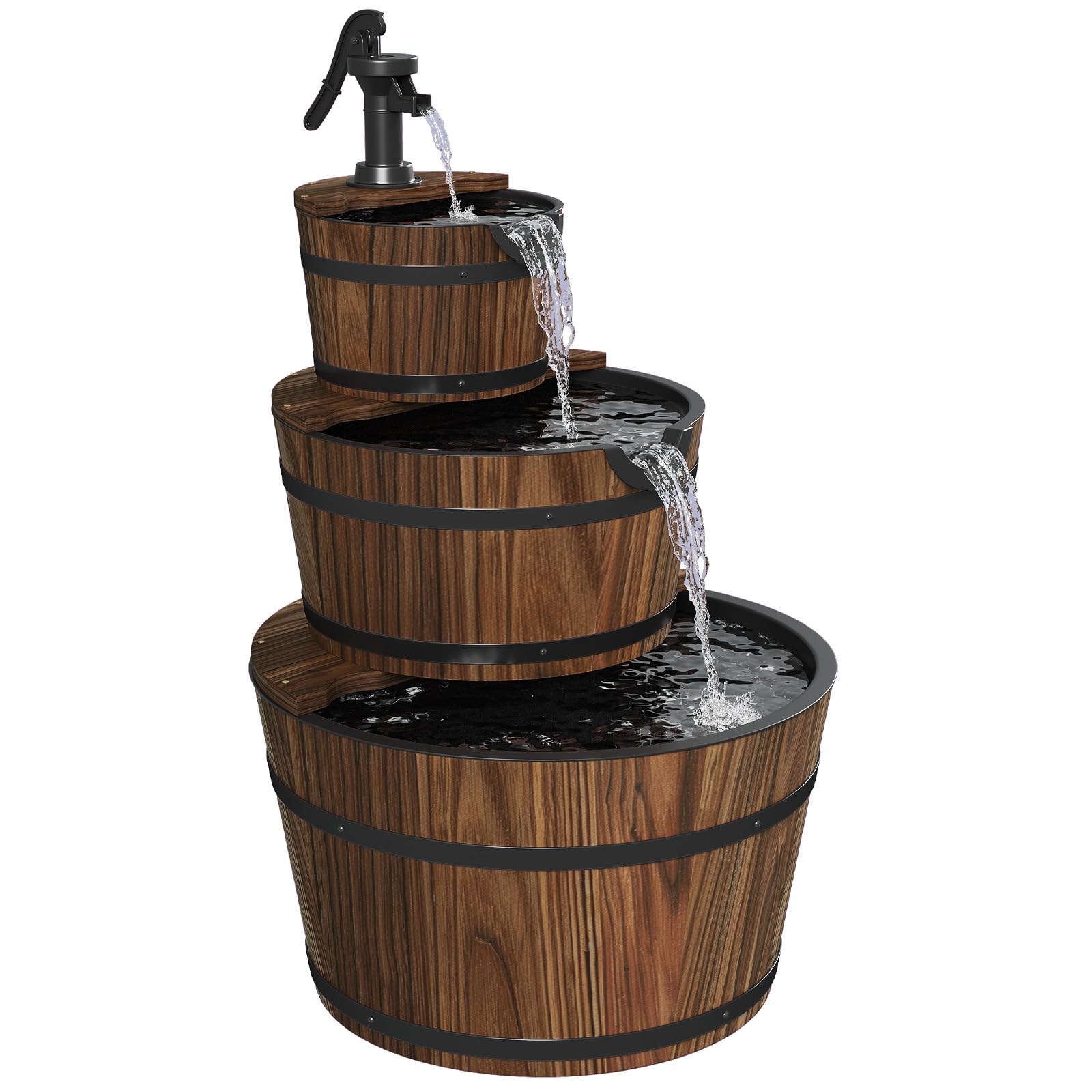 Aoxun 3-Tier Outdoor Water Fountain | Wood Barrel Cascading with Electric Decora